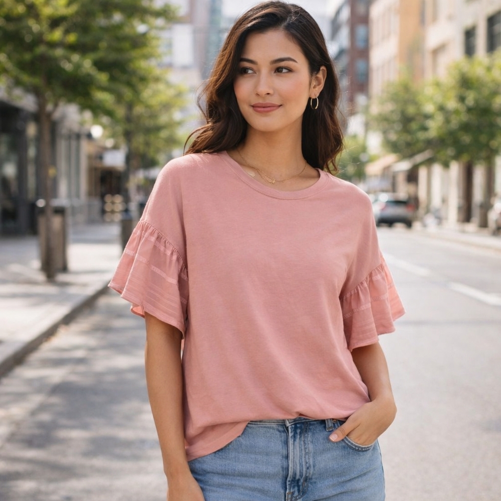 Banana Republic Pink Ruffle Sleeve Cotton Blend Top Feminine Casual Blouse Soft
